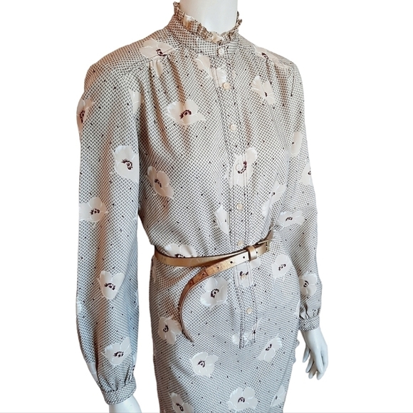 Vintage 70s Day Dress size Medium Edwardian Collar Midi Modest - Picture 2 of 9